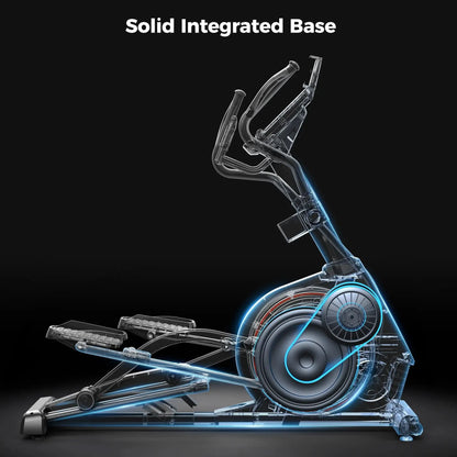 Elliptical machine with a solid integrated base on a black background