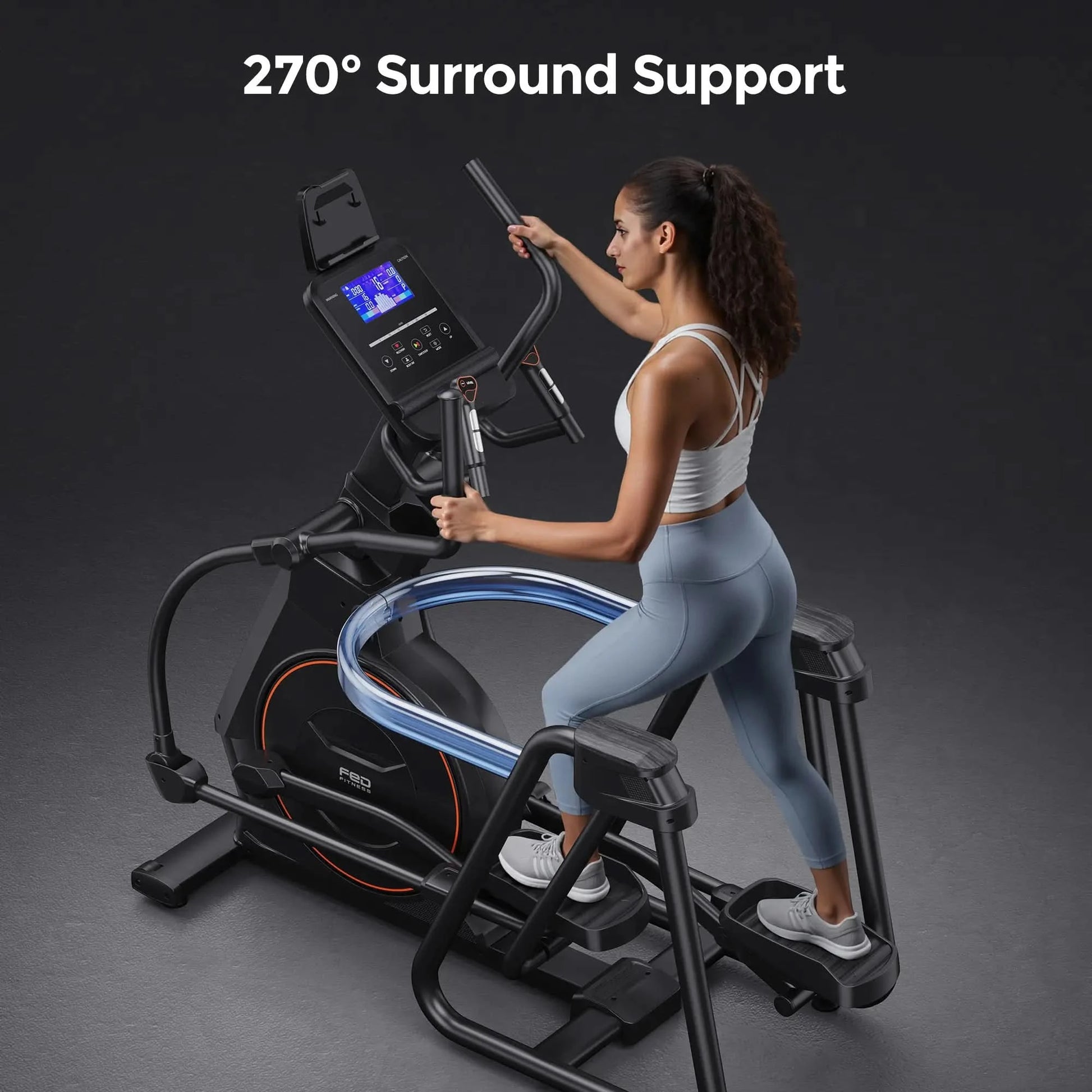 Woman exercising on a elliptical machine with '270° Surround Support' text above.