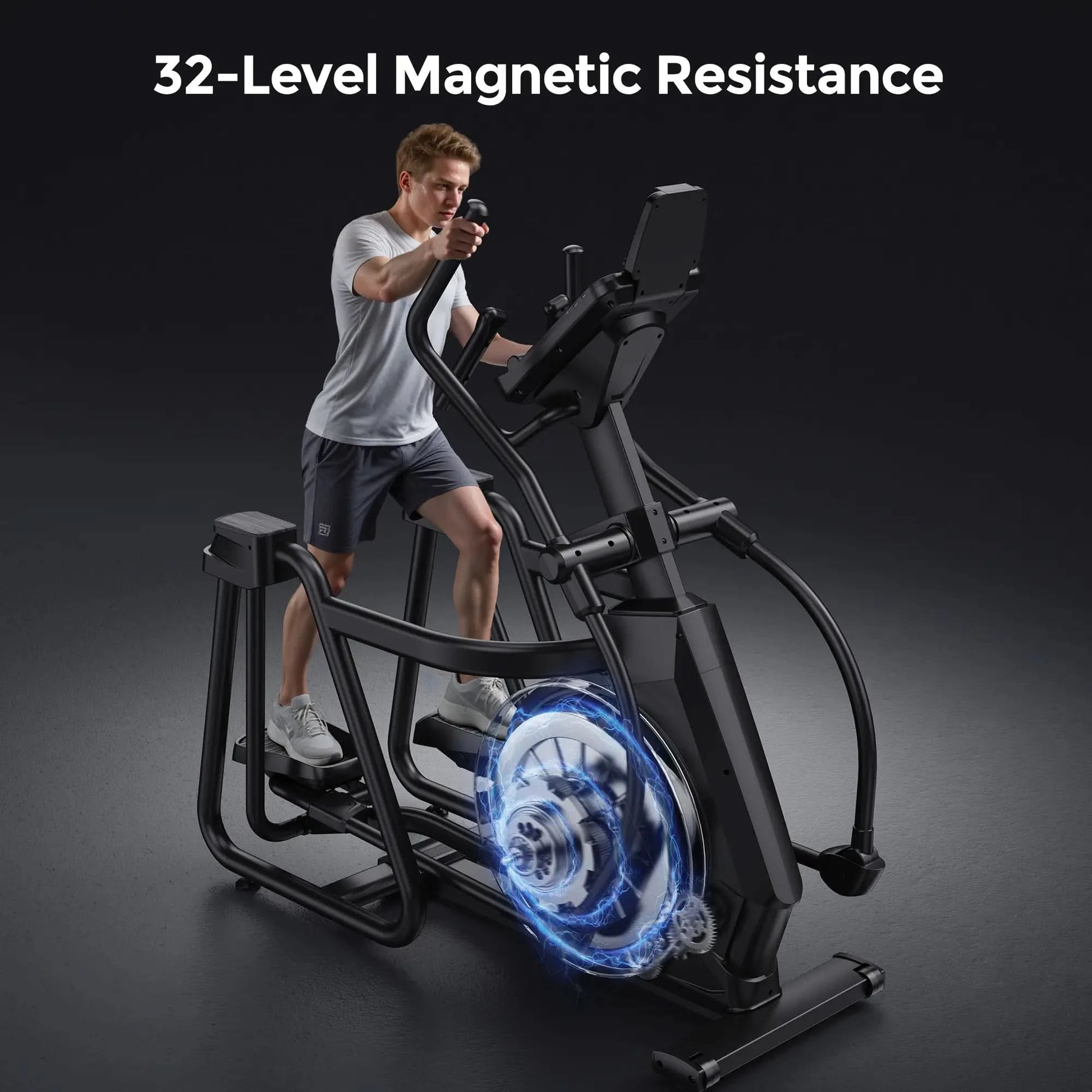 Person using aelliptical machine with 32-level magnetic resistance feature.