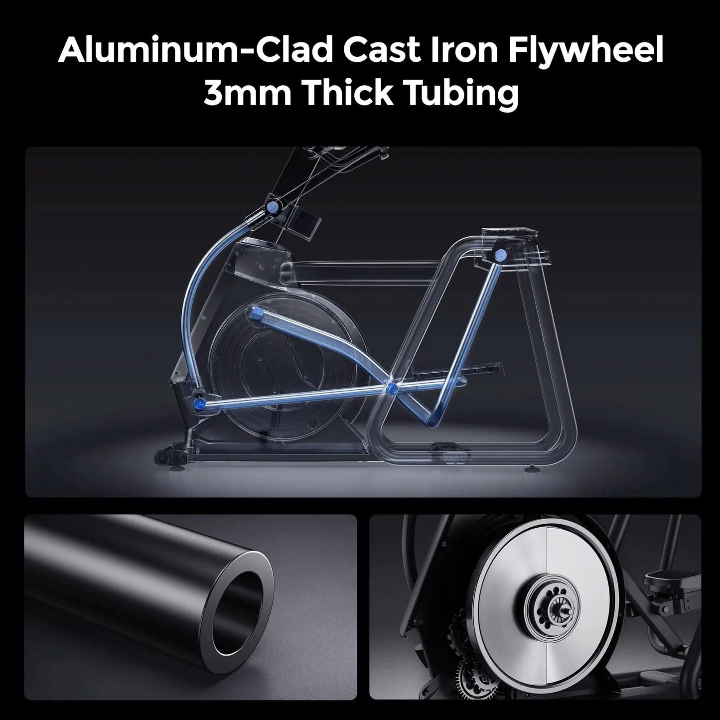 Aluminum-clad cast iron flywheel with 3mm thick tubing on a dark background