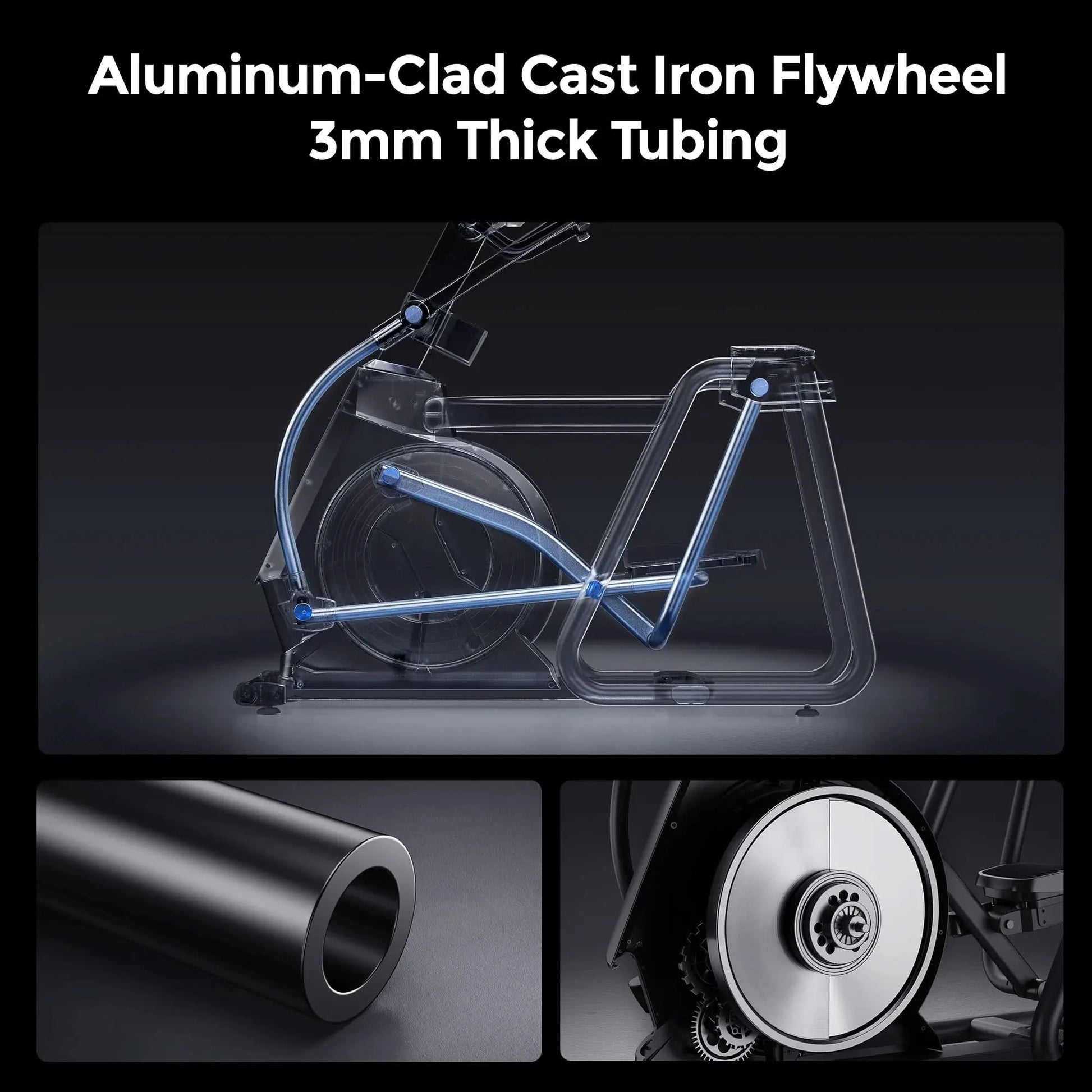 Aluminum-clad cast iron flywheel with 3mm thick tubing on a dark background