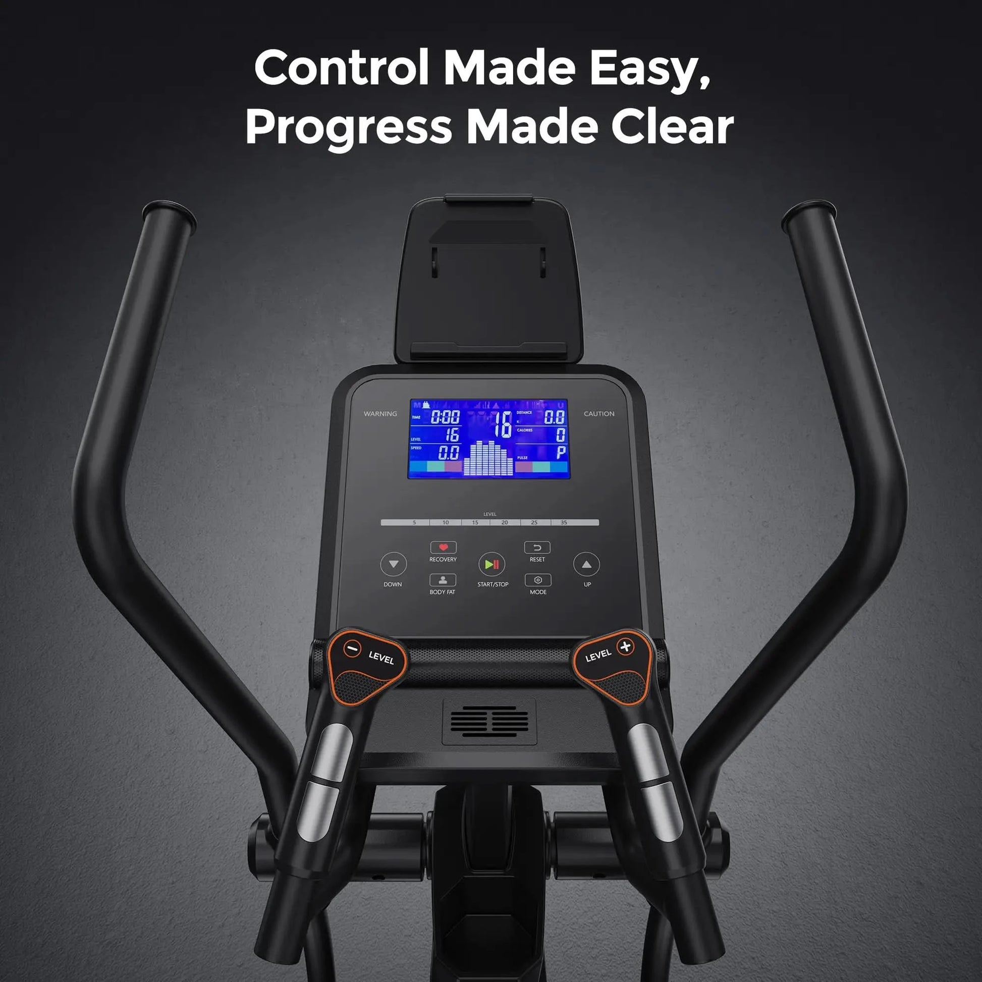 Elliptical machine with digital display on a dark background