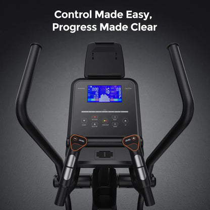 Elliptical machine with digital display on a dark background