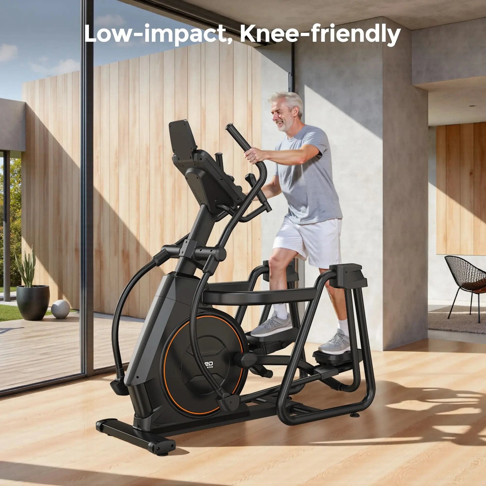 Man exercising on aelliptical machine in a modern indoor setting with text 'Low-impact, Knee-friendly'.