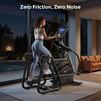 Woman exercising on aelliptical machine with 'Zero Friction, Zero Noise' text in a home setting.