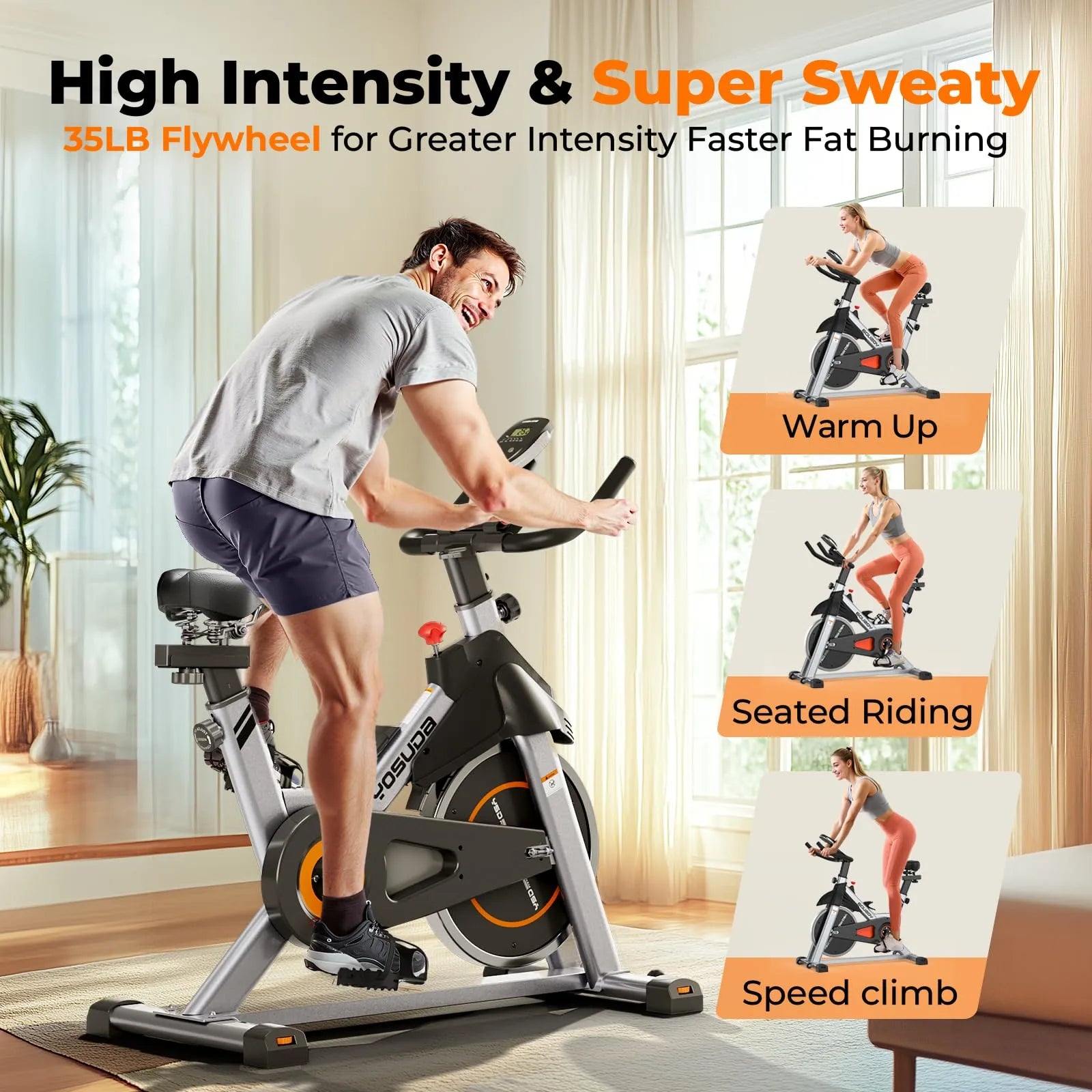 Person using a stationary bike with text highlighting features and usage scenarios.
