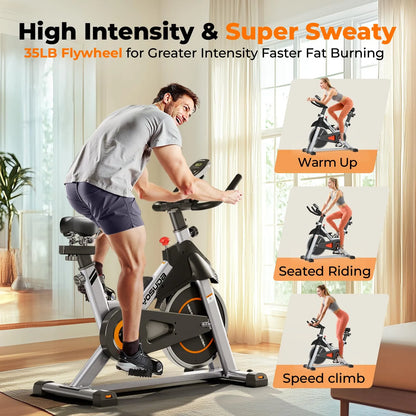 Person using a stationary bike with text highlighting features and usage scenarios.