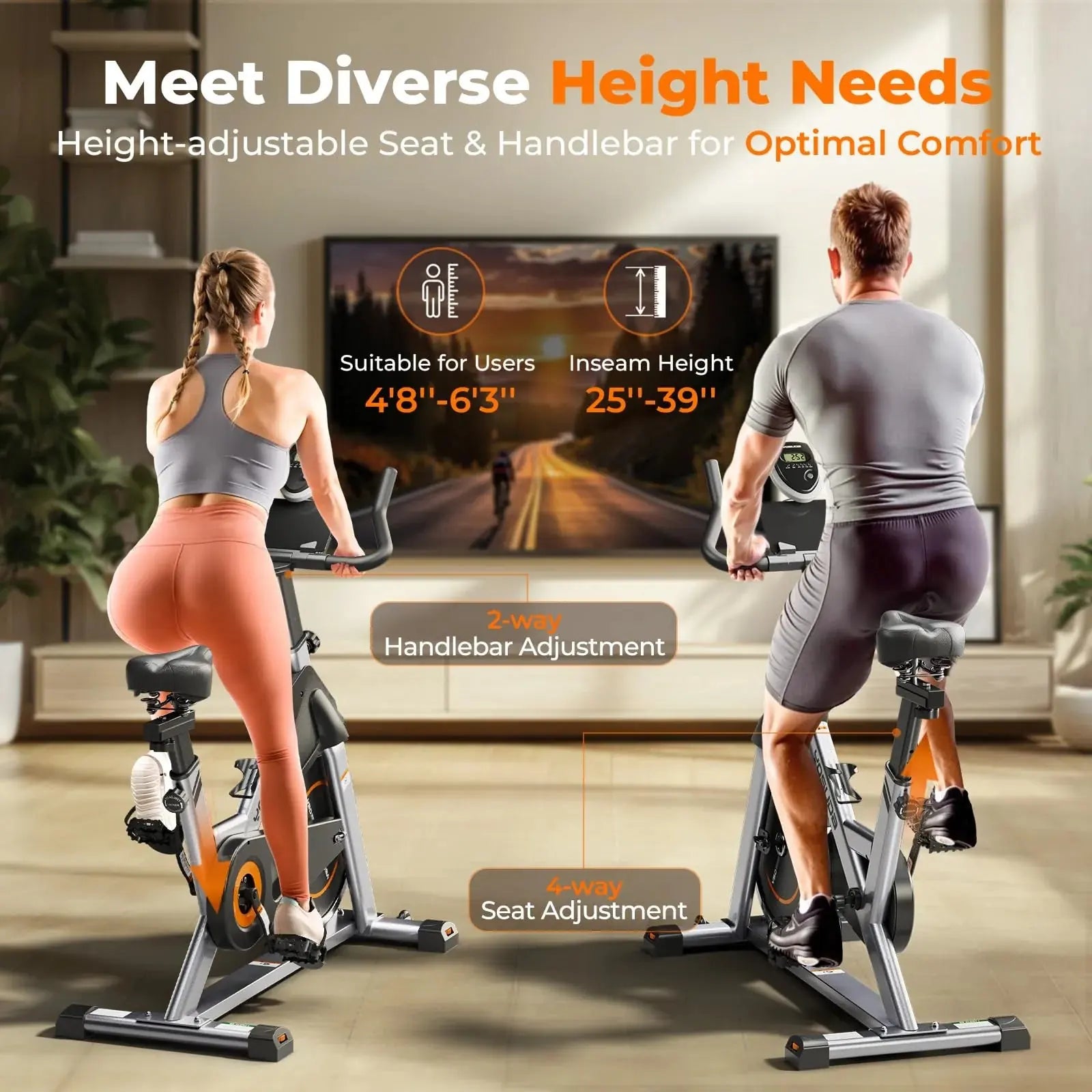 Two people using height-adjustable exercise bikes in a living room setting.