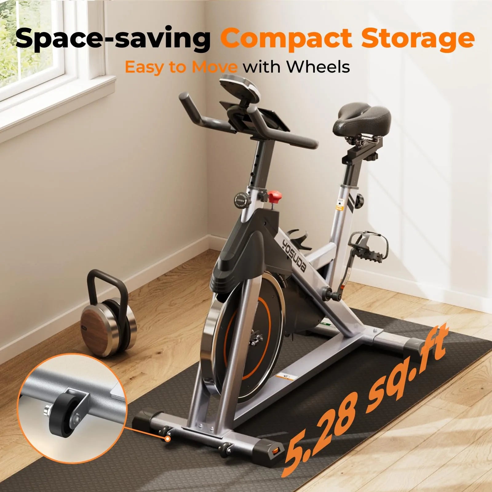 Exercise bike with wheels on a mat, space-saving storage solution shown.