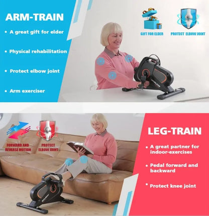 Advertisement for arm and leg exercisers with a woman using each, highlighting benefits like physical rehabilitation and joint protection.