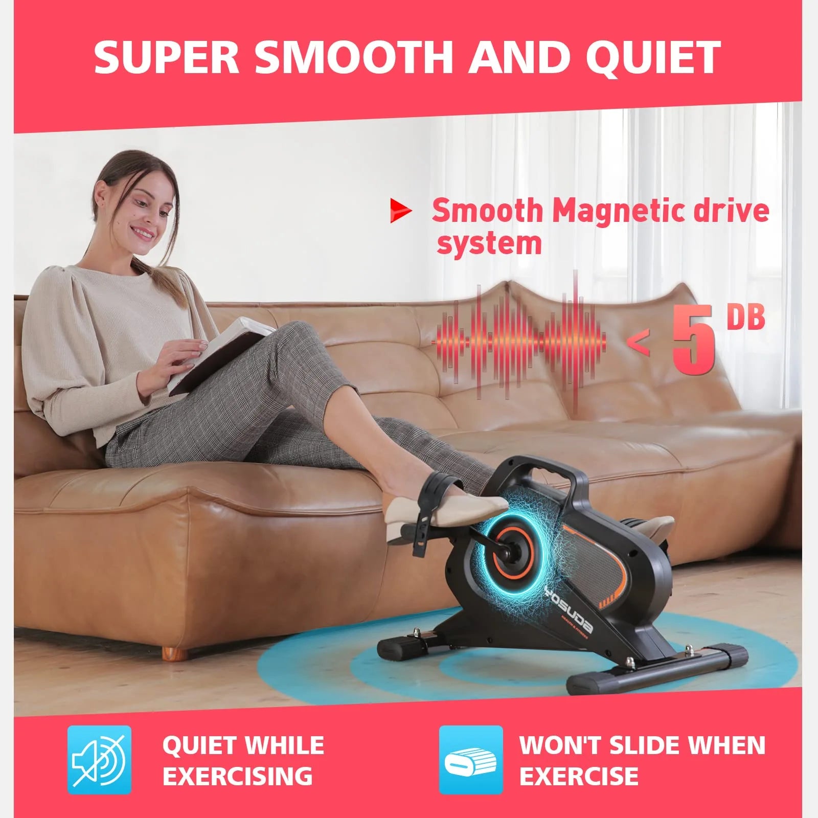 Woman using a magnetic exercise bike in a living room with text highlighting features.