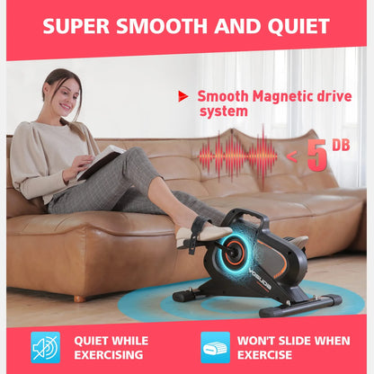 Woman using a magnetic exercise bike in a living room with text highlighting features.