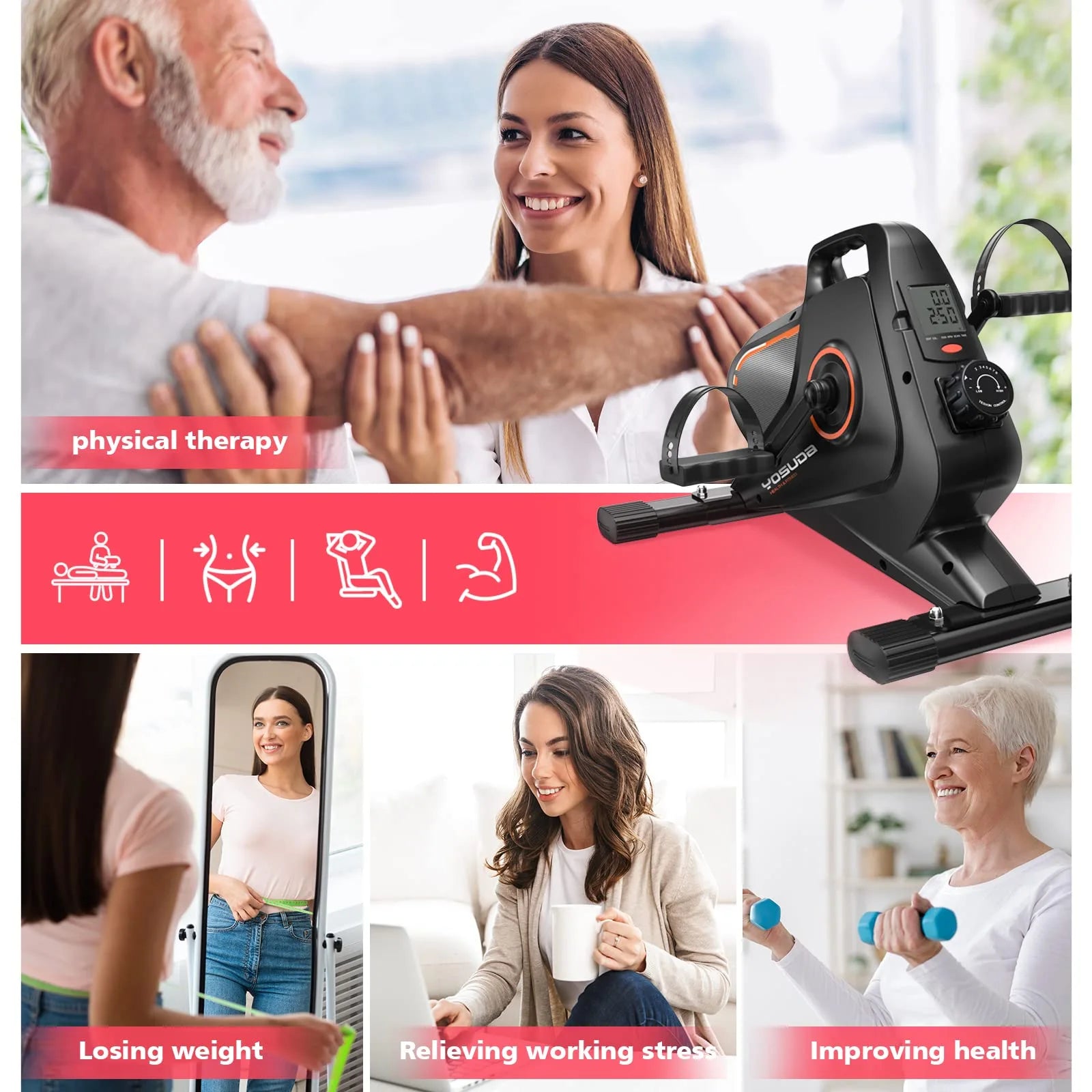 Collage of people using exercise equipment with text on physical therapy, weight loss, and stress relief.