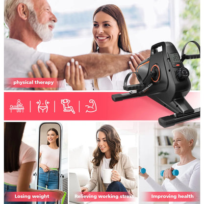 Collage of people using exercise equipment with text on physical therapy, weight loss, and stress relief.