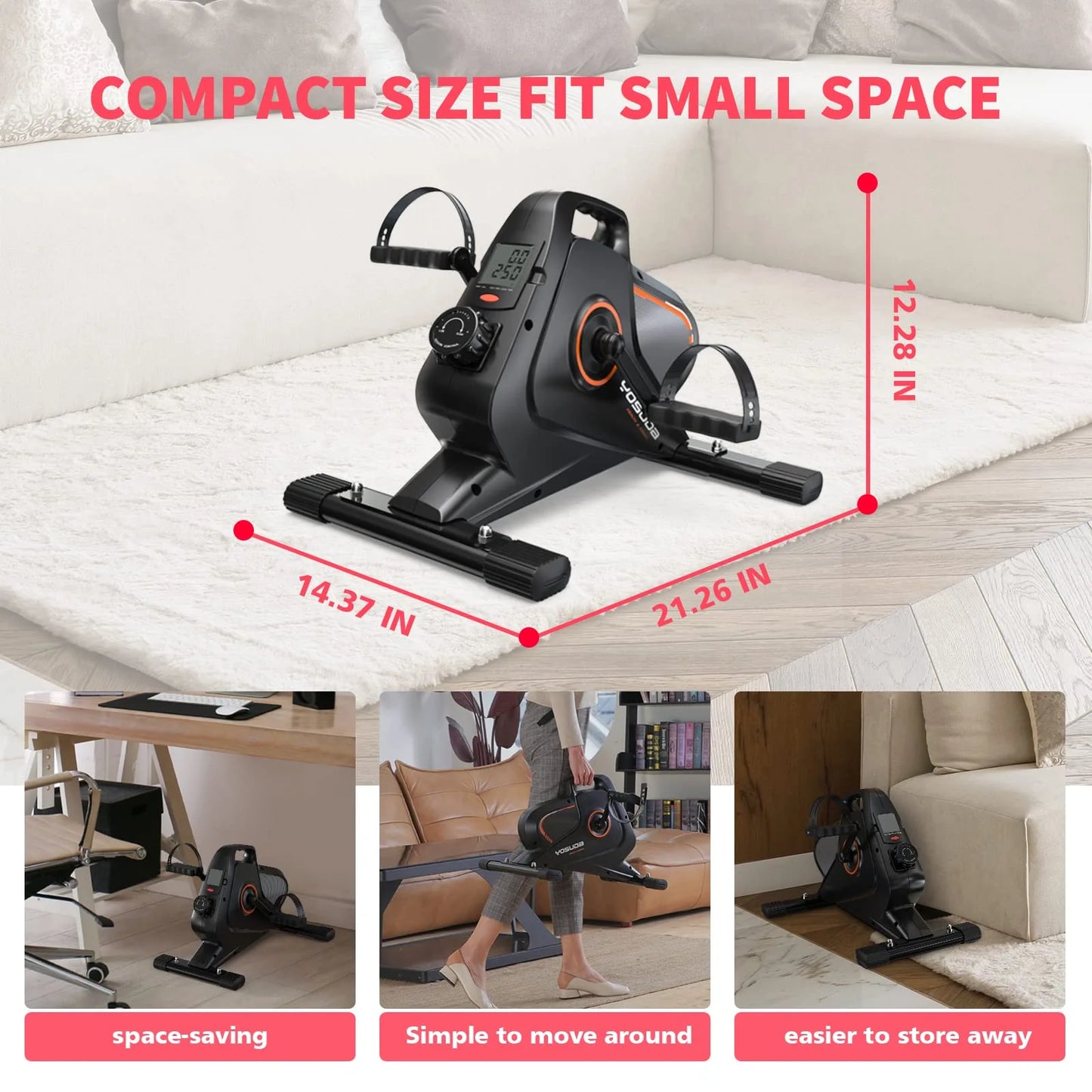Portable exercise bike with dimensions and usage scenarios on a white background