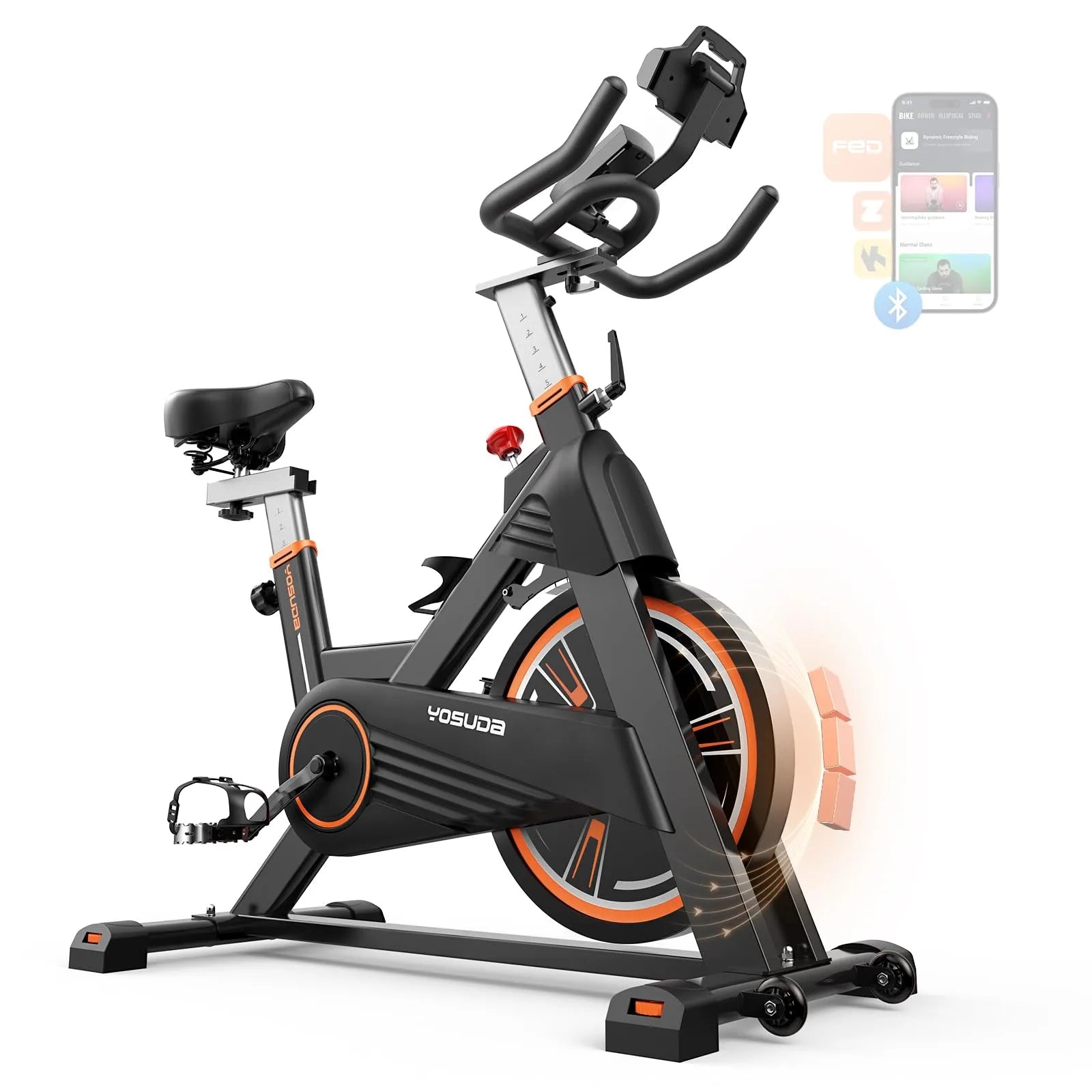 Yosuda indoor cycling bike with smartphone app display on a white background