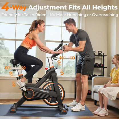 Person adjusting a stationary bike for a taller rider with text indicating 4-way adjustment fits all heights.