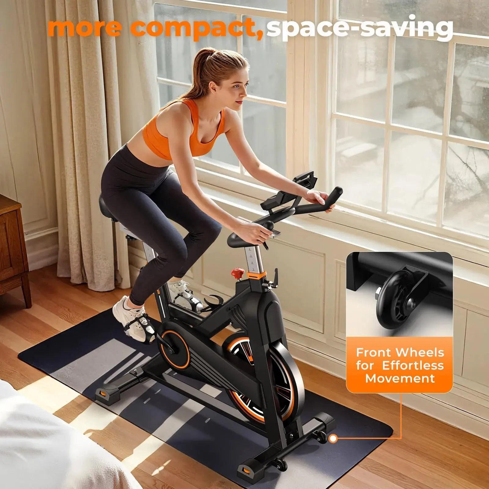 Woman exercising on a compact exercise bike with space-saving features in a home setting.