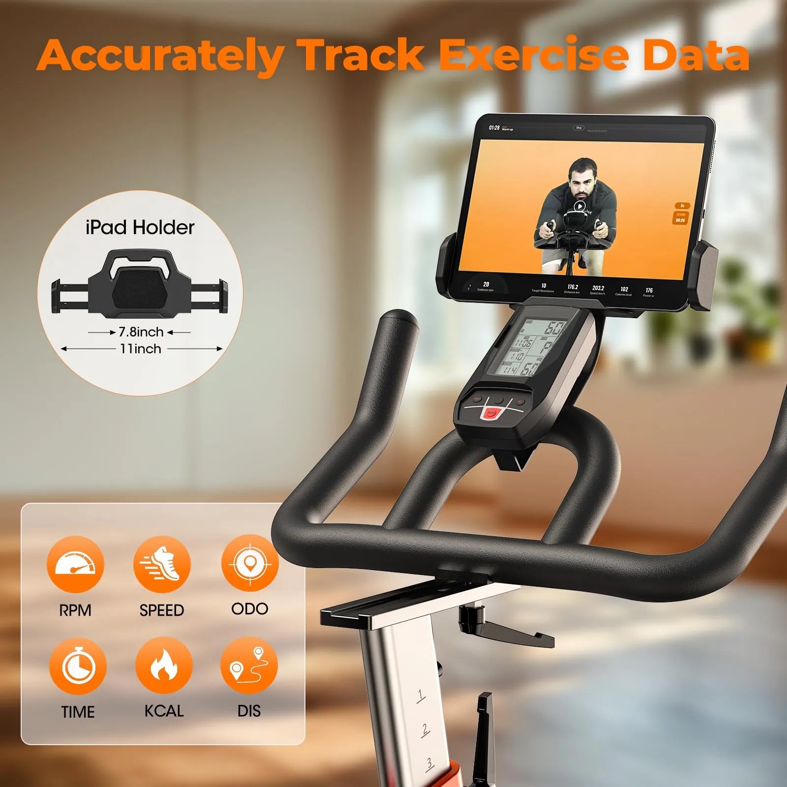 Exercise bike with tablet holder and digital display showing exercise data.