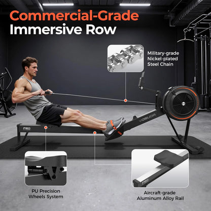 Man using a rowing machine with highlighted features on a dark background