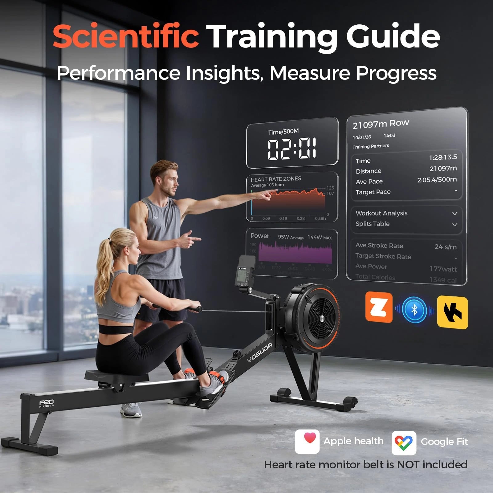 Two people using a rowing machine with a digital display in a modern indoor setting.