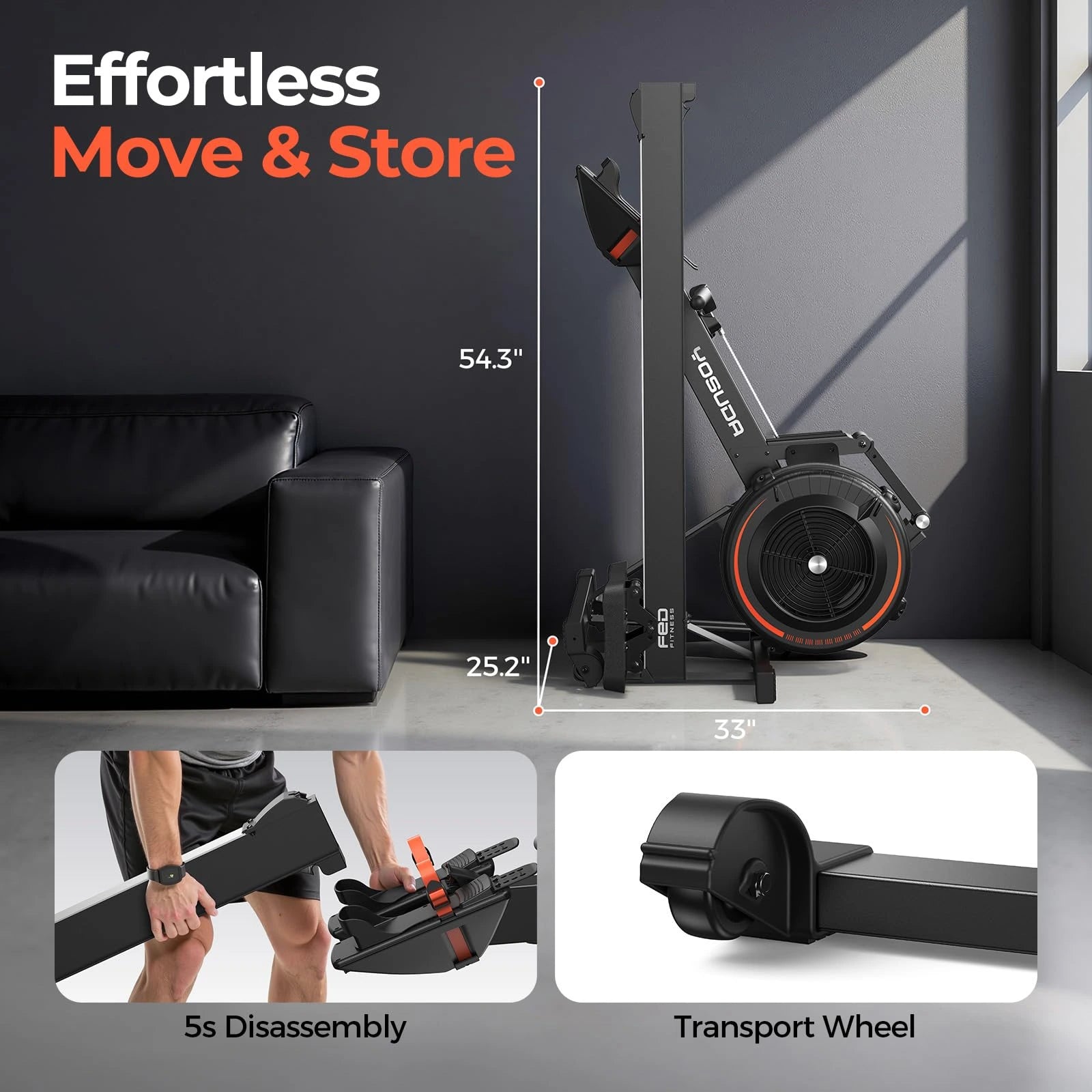 Rowing machine with dimensions and assembly features displayed in a room setting.