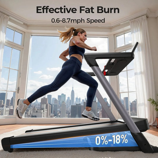 Woman exercising on a treadmill with a cityscape view through large windows.