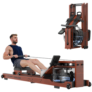 A well-built man is exercising on a FED Fitness Yosuda RM5 Wooden Water Foldable  Rowing Machine