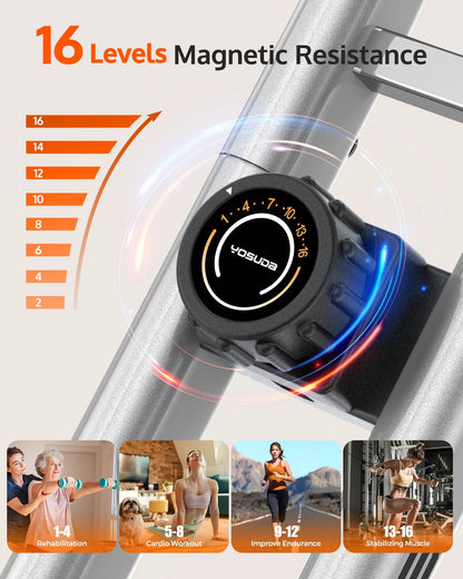 Exercise bike with magnetic resistance display and user engagement images.