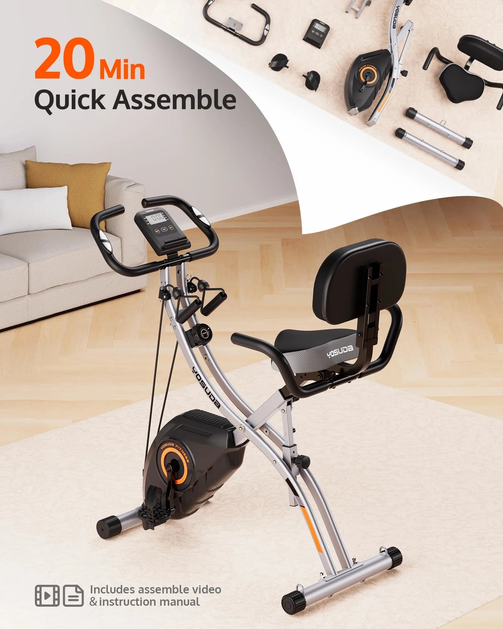Home exercise bike with assembly instructions and parts on a wooden floor.