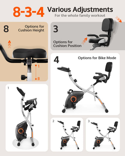 Exercise bike with adjustable features for family use on a beige background
