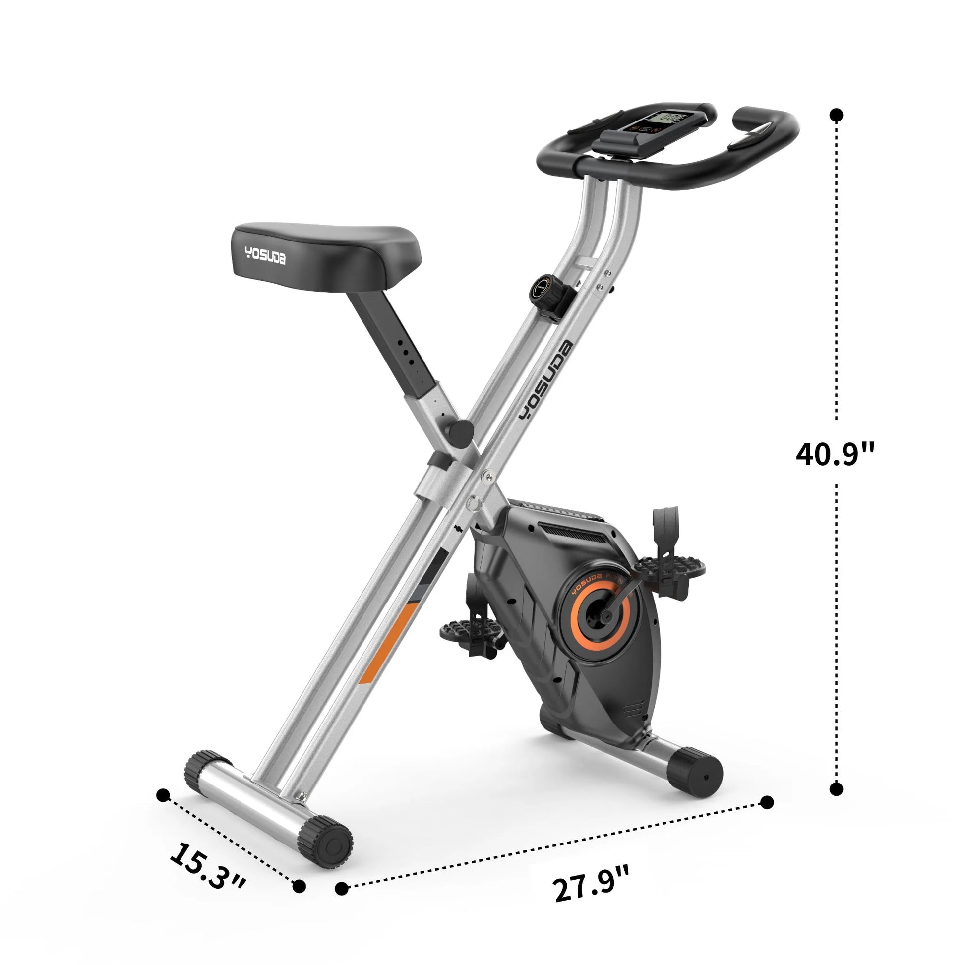 Foldable exercise bike with dimensions labeled on a white background