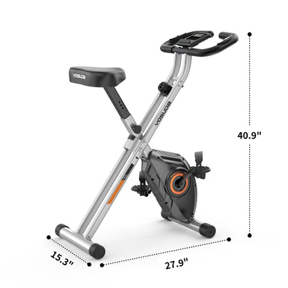 Foldable exercise bike with dimensions labeled on a white background