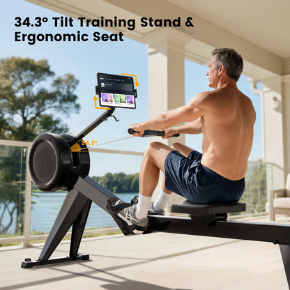 Man using a rowing machine with a tablet attached on a balcony