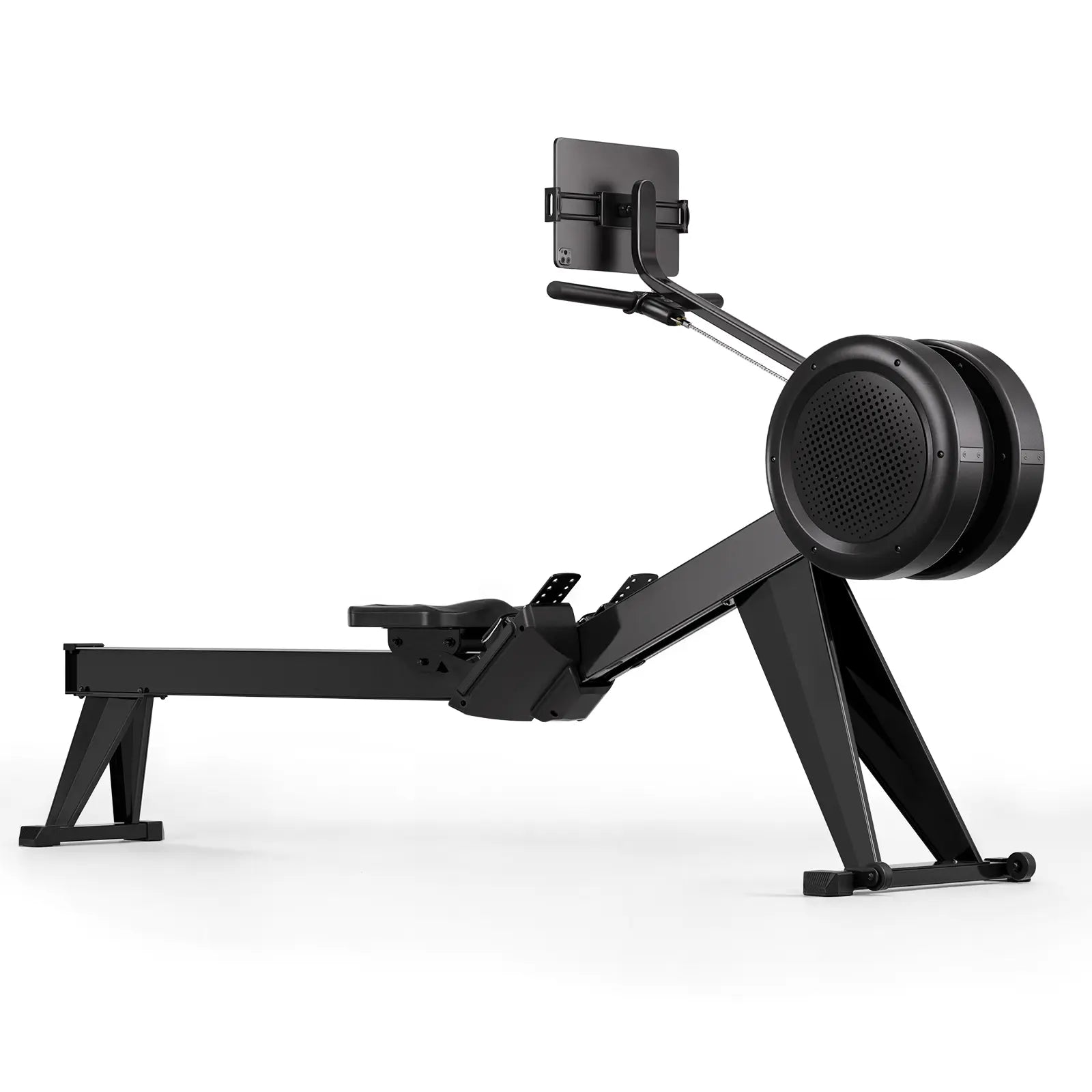 Black rowing machine on a white background