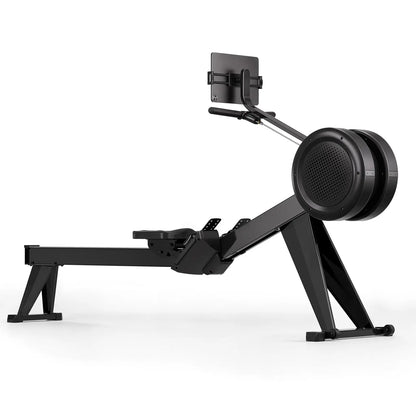 Black rowing machine on a white background