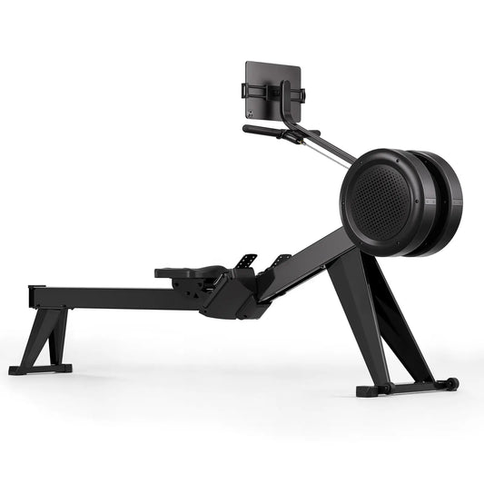 Black rowing machine on a white background