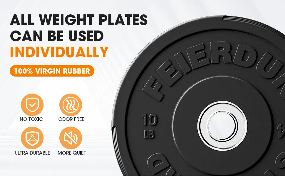 Black weight plate with 'Feierdun' branding and features listed on a white background