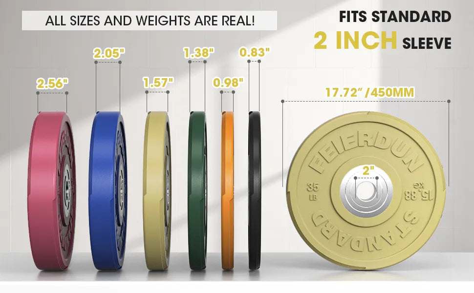 Colorful weight plates with measurements and branding on a white background