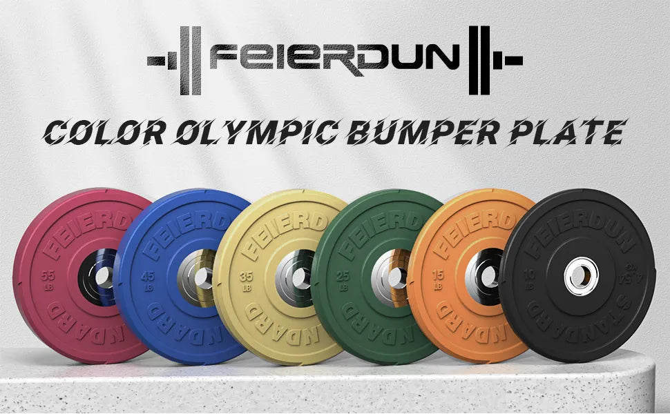Colorful Olympic bumper plates with Feierdun branding on a light background