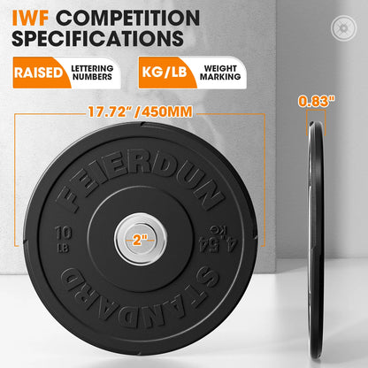 Weight plate with 'Feierdun' branding and specifications on a gray background