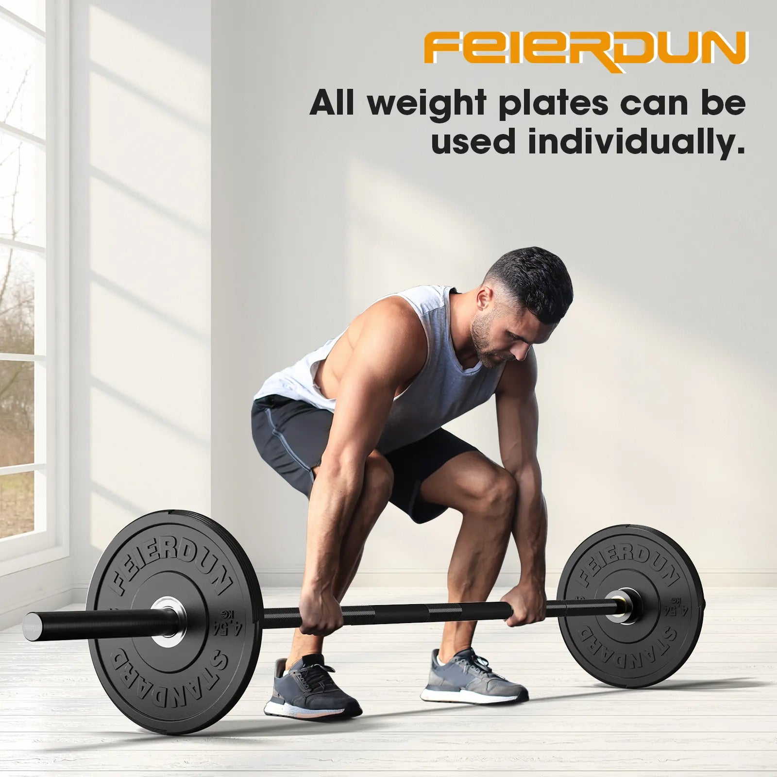 Man lifting a barbell with Feierdun weight plates in a bright room.