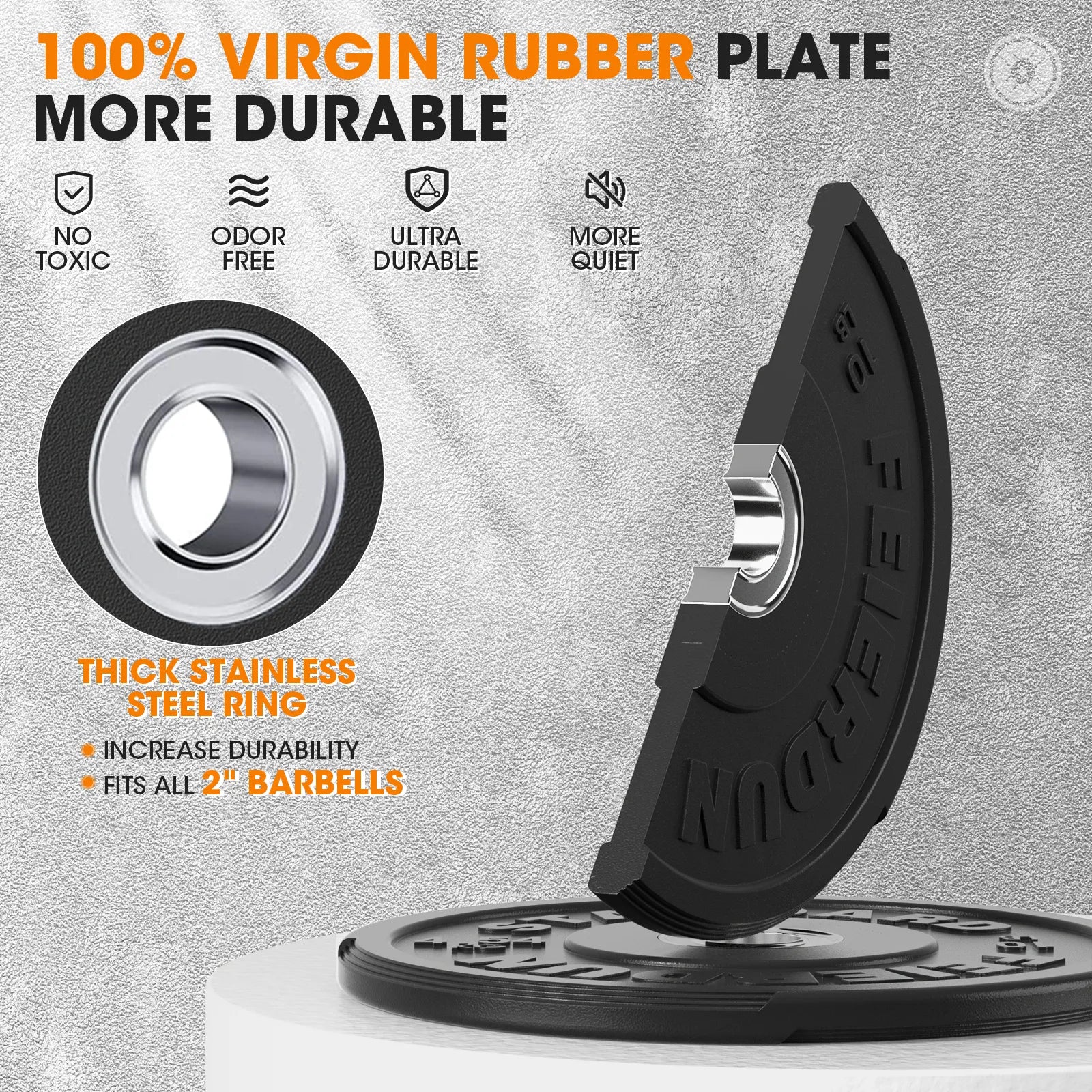 Black gym weight plate with stainless steel ring on a gray background, featuring text about durability and features.