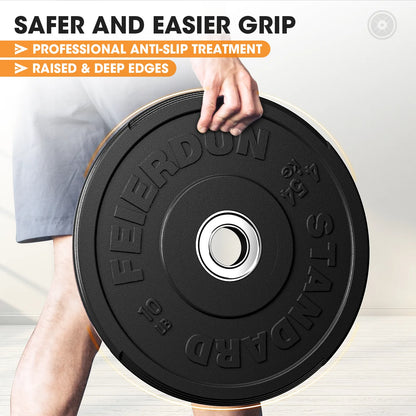 Person holding a black weight plate with 'FEIerdun' branding, featuring text about safer and easier grip.