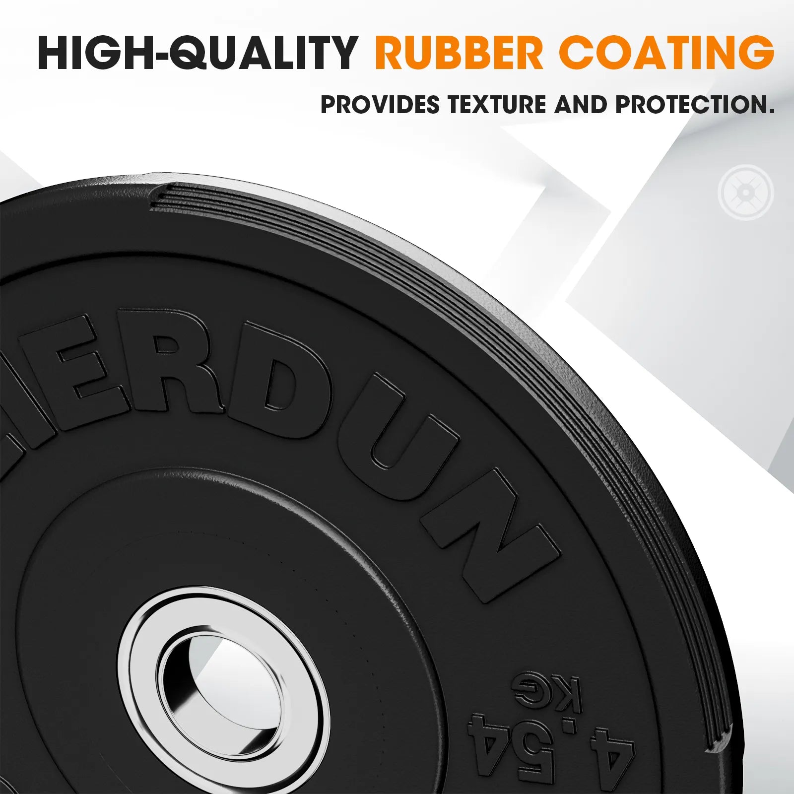 Barbell weight plate with 'HERDUN' branding and high-quality rubber coating text.