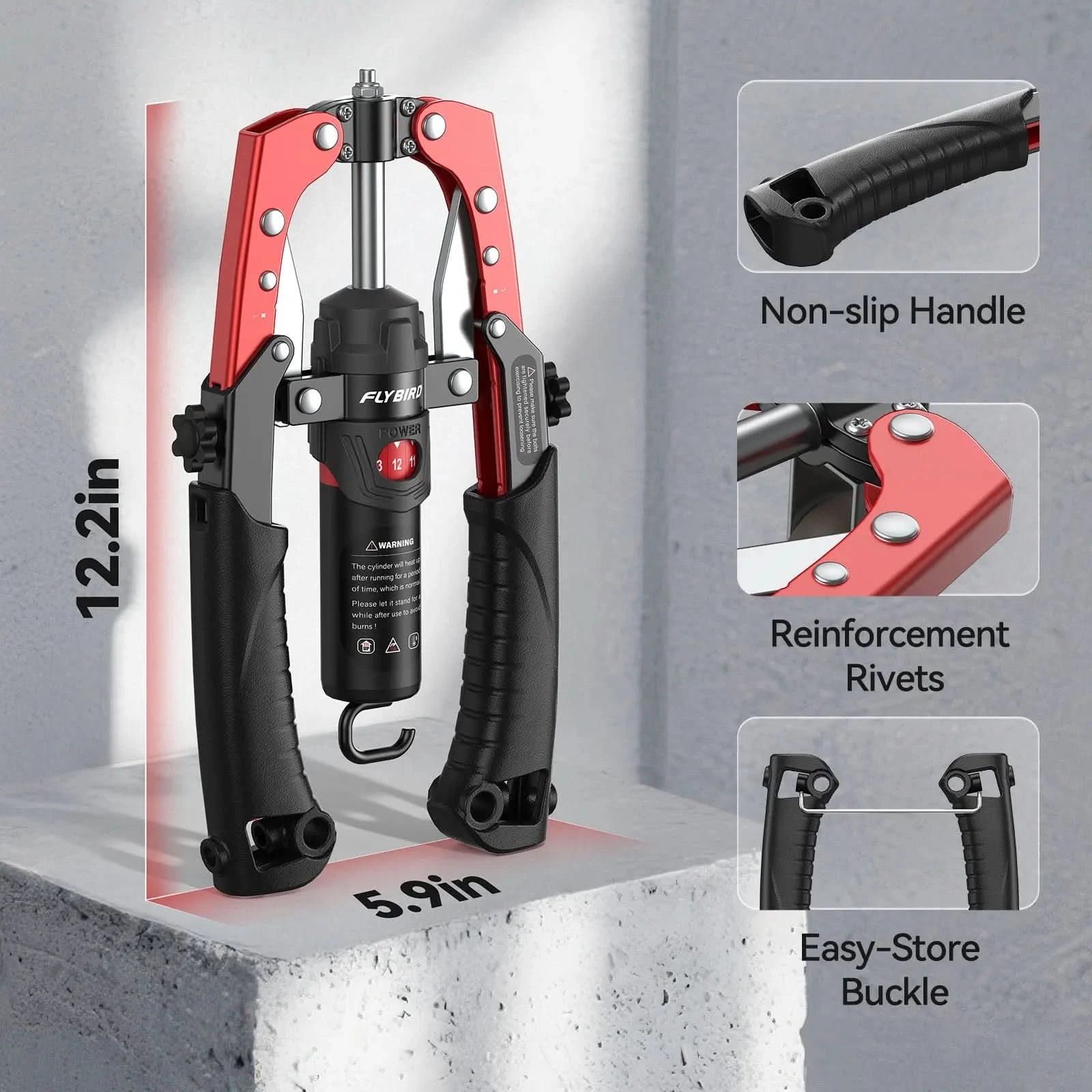 Red and black tool with features highlighted on a gray background