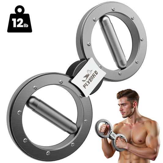 Two metallic rings with a 'Flybird' label and a man holding one of them on a white background.