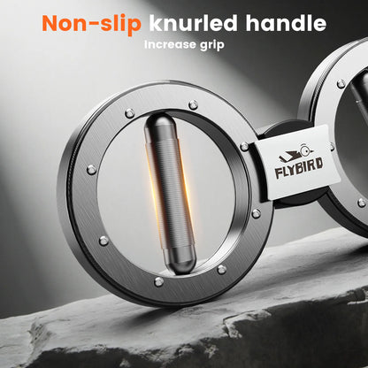 Metallic handle with non-slip knurled design and 'Flybird' branding on a gray background