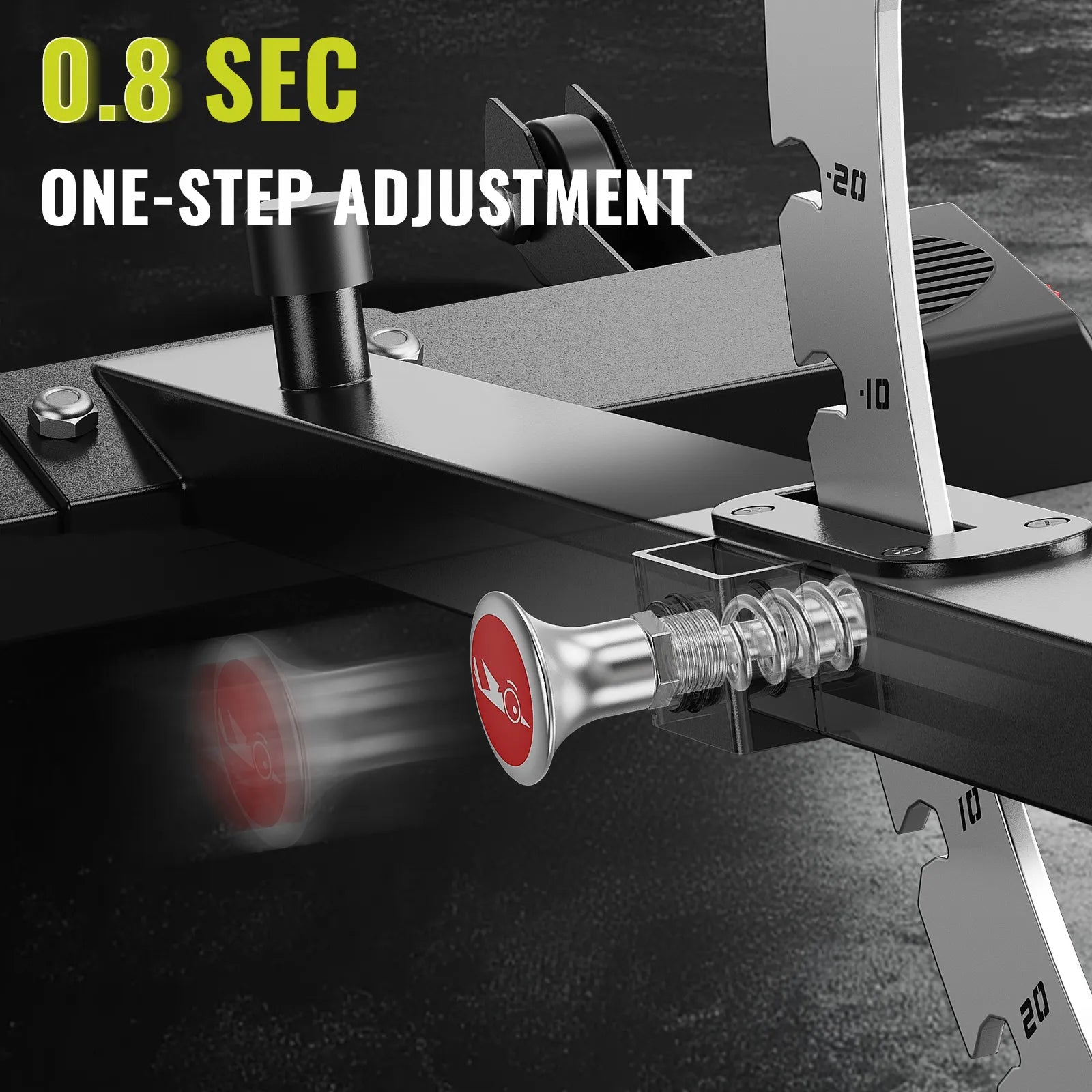 Close-up of a mechanical device with a one-step adjustment feature, showing a red knob and text indicating quick adjustment time.