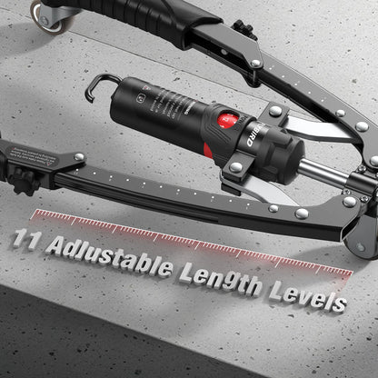 Black and red tool with adjustable length levels on a gray surface